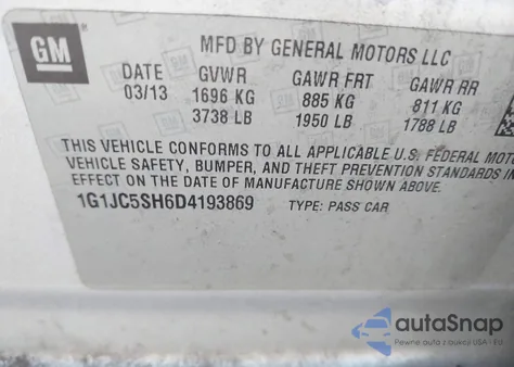 2013 Chevrolet Sonic Lt Auto from USA, damaged, VIN 1G1JC5SH6D4193869